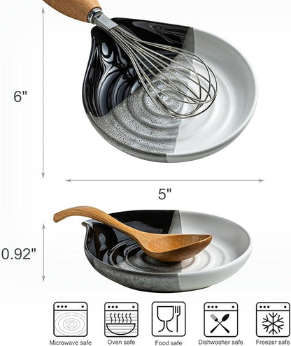 Large Ceramic Spoon Rest for Stove Top & Kitchen Counter, Heat-Resistant Spoon Holder for Cooking Utensils, Spatula & Ladles, Nonstick, Dishwasher Safe, Cute Design, Gradient Black