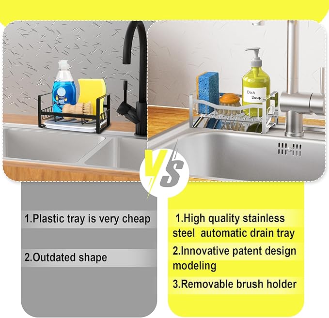 Maifan Stainless Steel Kitchen Sink Caddy Organizer with Auto Drain Tray, Sponge Holder for Countertop Storage Silver - Image 4