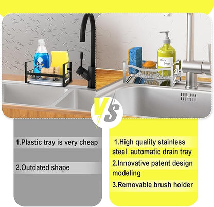 Maifan Stainless Steel Kitchen Sink Caddy Organizer with Auto Drain Tray, Sponge Holder for Countertop Storage Silver - Image 4