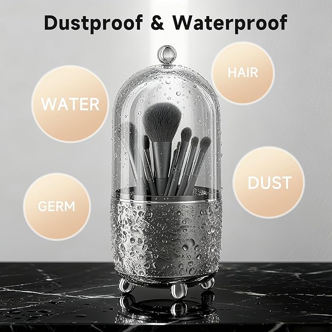 Makeup Brush Holder with Lid, Cosmetic Tools Organizer with Cover, 360° Rotating Sliding Opening Dustproof Brushes Container for Vanity, Ideal Gift for Girlfriend Wife Friends (Gray)