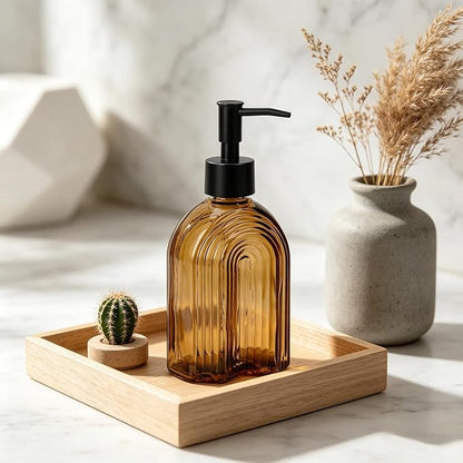 Black Pump Glass Soap Dispenser, 12oz Brown Stripe Countertop Refillable Liquid Bottle Hand Dish Lotion Dispenser with Plastic Pump, for Kitchen, Bathroom Countertop