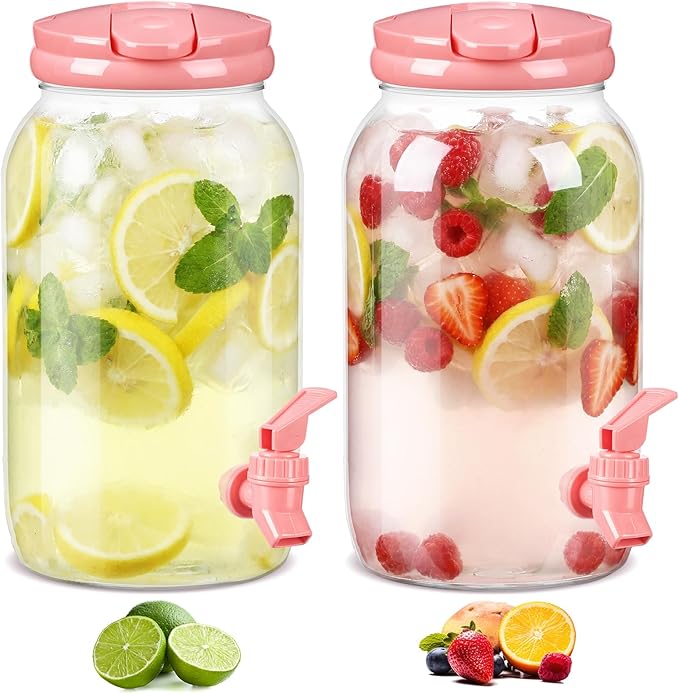Havawish 2 Pcs 1 Gallon Plastic Beverage Dispenser with Spigot Clear Summer Kitchen Fridge Drink Dispenser for Parties Lemonade Juice Tea Beer Cold Water(Pink,Cylinder)