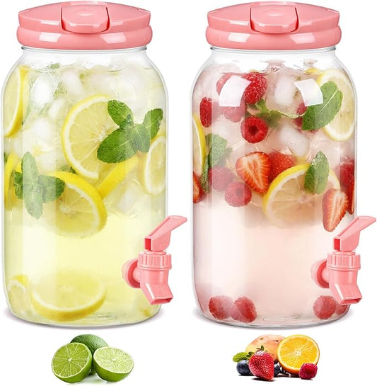 Havawish 2 Pcs 1 Gallon Plastic Beverage Dispenser with Spigot Clear Summer Kitchen Fridge Drink Dispenser for Parties Lemonade Juice Tea Beer Cold Water(Pink,Cylinder)