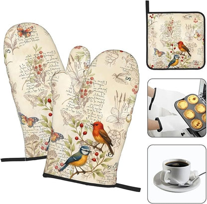 Vintage Bird Themed Hot Pads and Oven Mitts Set of 3,Heat Resistant Non Slip Cute Rustic Kitchen Mitts and Pot Holder Set & Baking Gloves for Cooking Baking Grilling BBQ,Bird Lover Gifts for Women