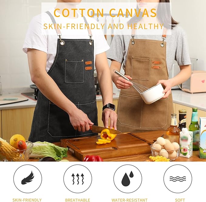 Tosewever Canvas Cross Back Chef Cotton Aprons for Men Women with Large Pockets - Image 2