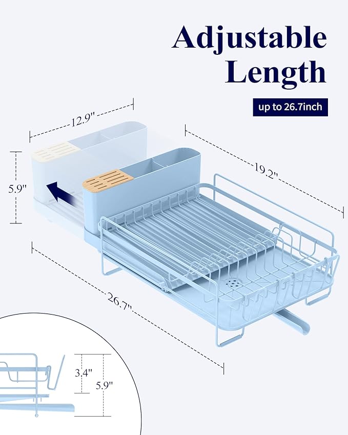 Kitsure Large Dish Drying Rack - Extendable Dish Rack, Multifunctional Dish Rack for Kitchen Counter, Anti-Rust Dish Drainers with Cutlery & Cup Holders 19.2"-26.7" L x 12.9" W, Blue - Image 2