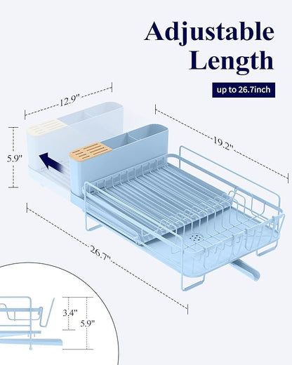 Kitsure Large Dish Drying Rack - Extendable Dish Rack, Multifunctional Dish Rack for Kitchen Counter, Anti-Rust Dish Drainers with Cutlery & Cup Holders 19.2"-26.7" L x 12.9" W, Blue - Image 2