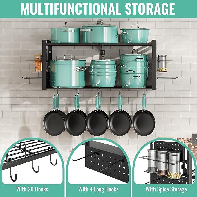 31 Inch Pot Rack Wall Mounted, 2-Tier Pots and Pans Organizer with 20 Hooks & Pan Organizer and Spice Rack, Heavy Duty Hanging Pot Hanger for Kitchen Cookware, Utensils, Black - Image 5