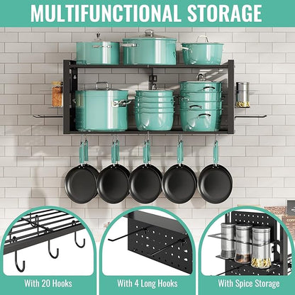 31 Inch Pot Rack Wall Mounted, 2-Tier Pots and Pans Organizer with 20 Hooks & Pan Organizer and Spice Rack, Heavy Duty Hanging Pot Hanger for Kitchen Cookware, Utensils, Black - Image 5