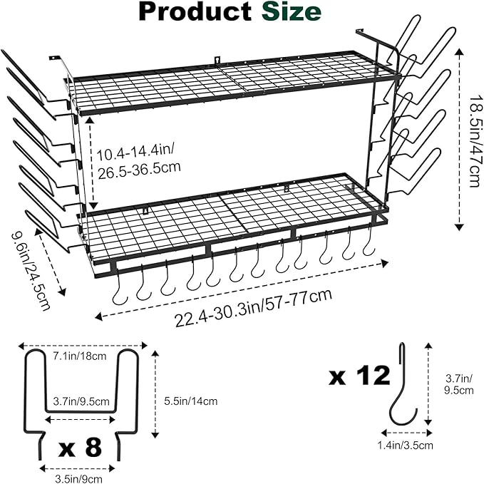 Housolution Pot Rack Wall Mounted, 22''-30'' Length Expandable, 3 Level Height Adjustable, 2 Tier Heavy Duty Hanging Cookware Pan Organizer with 12 Hooks and 8 Lid Holders - Image 8