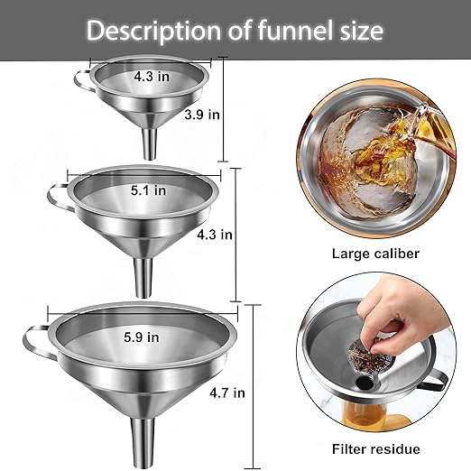 Stainless Steel Funnels for Kitchen Use, Kitchen Metal Funnel Set with Strainer Stainless Steel Funnels for Filling Bottles, Food Grade Funnel Set of 3 Transfer for Liquids Spices - Image 4