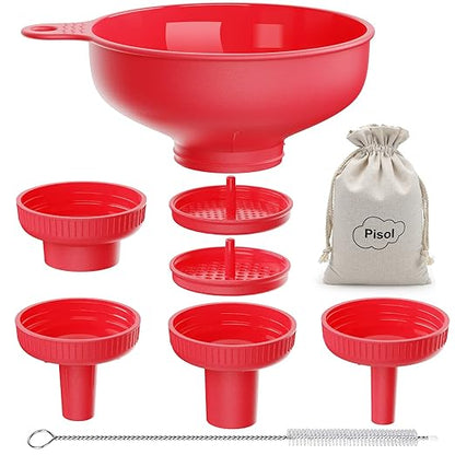 Pisol Wide Mouth Versatile Funnel, Canning Funnels for Kitchen Use, Food Grade Plastic Cooking Funnel Set with 4 Size Spouts and 2 Strainers for Filling Different Bottles and Bags, Red