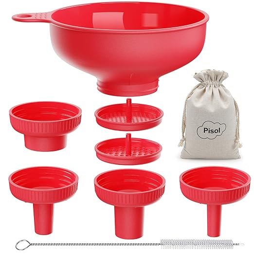 Pisol Wide Mouth Versatile Funnel, Canning Funnels for Kitchen Use, Food Grade Plastic Cooking Funnel Set with 4 Size Spouts and 2 Strainers for Filling Different Bottles and Bags, Red