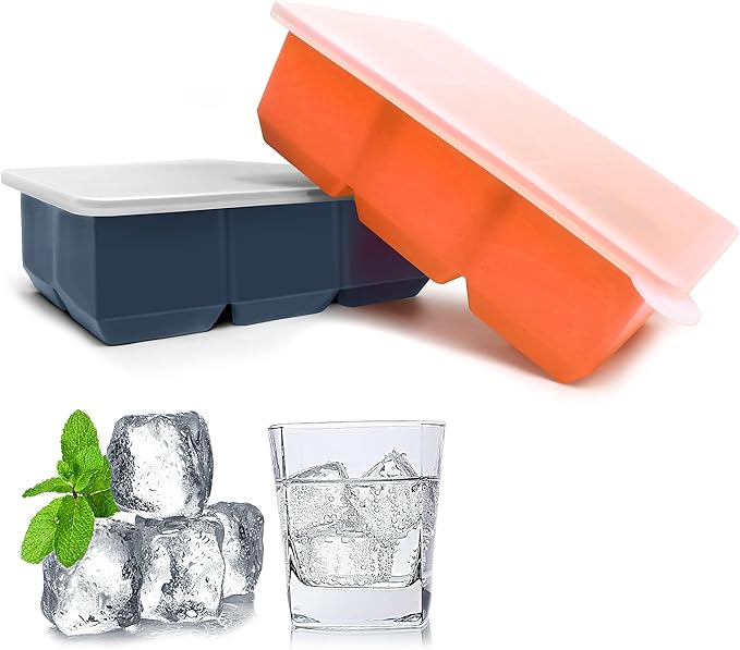 Silicone Ice Cube Trays with Lids,Large Square Ice Cube Molds for Freezer, Whiskey, Cocktail, Stackable Flexible and Reusable & Easy Release BPA Free (2 Pack&Dark Gray and Orange) - Image 2