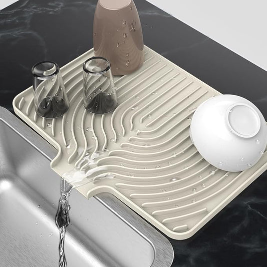 Silicone Drying Mat for Kitchen Counter , Dish Drying Rack Matt with Built in Drain, 18 Inch Dry Mats for Dishes Drying Pad for Kitchen Counter (18×12inch, cream)
