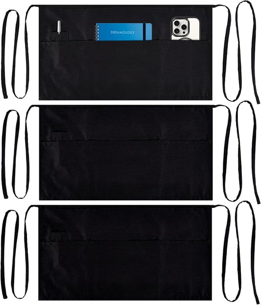 Dreamology Server Apron,Waist Apron with Pockets,Waitress Apron,Server Aprons with 3 Pockets,Waterdrop Resistant Aprons, Short, Half & Waist Apron, Aprons, Black waitress apron - Black (3 Pack)