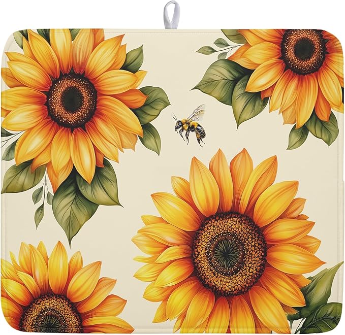 Spring Summer Dish Drying Mat 16x18 Inch Absorbent Reversible Sunflower Drying Mat Sunflower Bee Dish Drying Rack Mat Yellow Summer Themed Dish Drainer Mat for Kitchen Counter Coffee Bar
