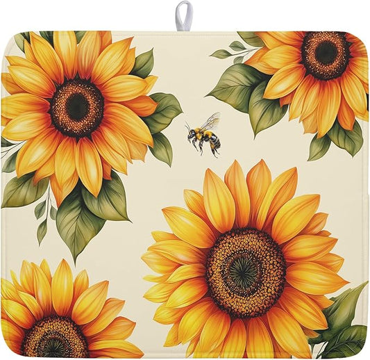 Spring Summer Dish Drying Mat 16x18 Inch Absorbent Reversible Sunflower Drying Mat Sunflower Bee Dish Drying Rack Mat Yellow Summer Themed Dish Drainer Mat for Kitchen Counter Coffee Bar