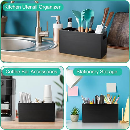 ALELION Black Kitchen Utensil Holder for Countertop - Wooden Large Utensil Caddy Organizer for Counter - 3 Compartment Cooking Utensil Crock for Silverware Spoon Spatula - Image 6