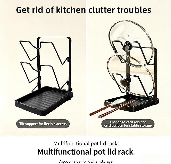 Pot Lids Organizer Rack for Cabinet and Countertop,304 Stainless Steel Kitchen Pot Lid Storage Rack,Pot Lid Holder while Cooking with Removable Tray & Spoon Rest,Waterproof & Rustproof