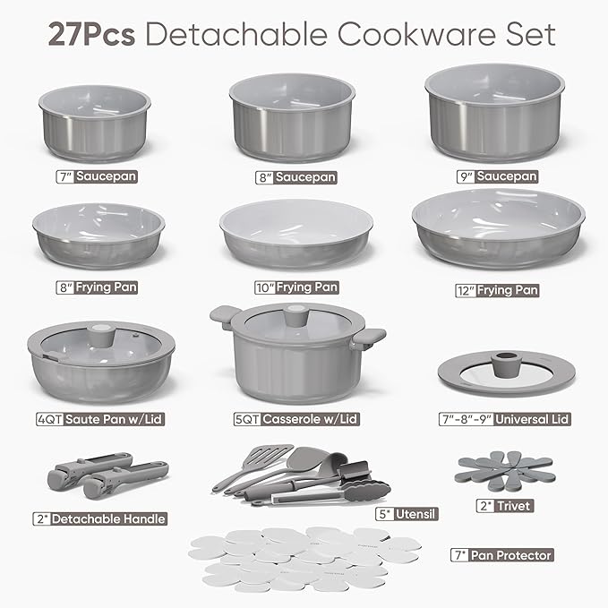 CAROTE 27pcs Ceramic Cookware Set Nonstick, Pots and Pans Set Non Stick, Non Toxic Cookware Detachable Handles, Dishwasher/Oven Safe, RV/Camping Cookware, Pan and Pot with Kitchen Utensils, Dark Gray - Image 2