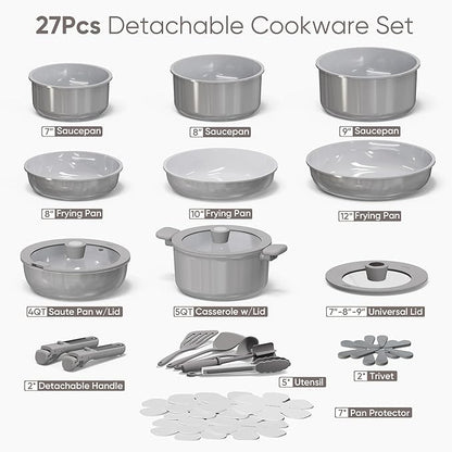 CAROTE 27pcs Ceramic Cookware Set Nonstick, Pots and Pans Set Non Stick, Non Toxic Cookware Detachable Handles, Dishwasher/Oven Safe, RV/Camping Cookware, Pan and Pot with Kitchen Utensils, Dark Gray - Image 2