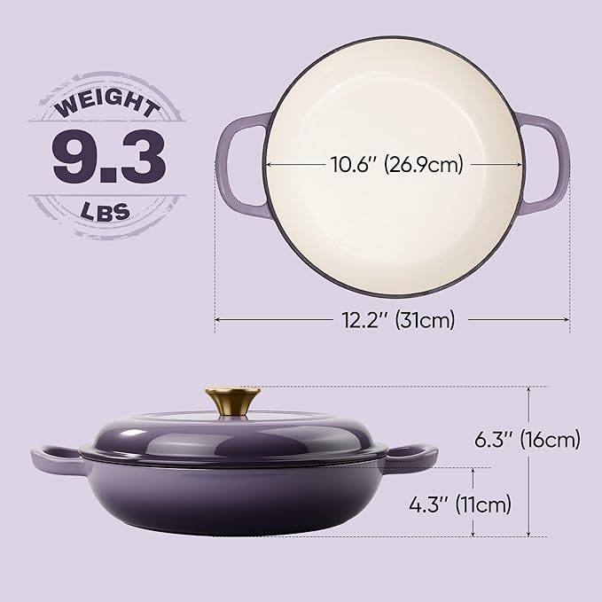 Vintage Style 3 Quart Enameled Cast Iron Braiser, Non Stick Enameled Cast Iron Skillet with Lid, Dutch Oven Skillet with lid up to 500°F for Oven, Stove, Grill, Shallow Dutch Oven for Cook, Bake (Purple) - Image 3