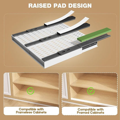 Seinloes 2 Pack Pull Out Cabinet Organizer With Raising Pad for Framed Cabinets,Expandable Width (13"-21") and Depth (17"-24"),3 Slide Rails Slide Out Drawers with Handle,No-Drill Roll Out Shelf,White - Image 3
