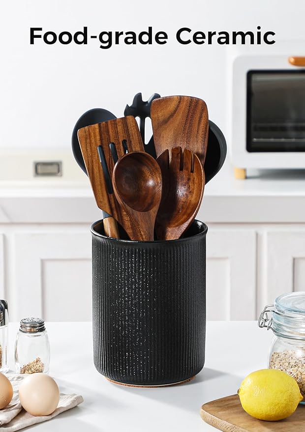 LoeJan Utensil Holder, Extra Large Utensil Crock, Stable Ceramic Utensil Organizer, Cooking Tool Organizer Set for Kitchen Counter Farmhouse Décor, Textured Black - Image 4