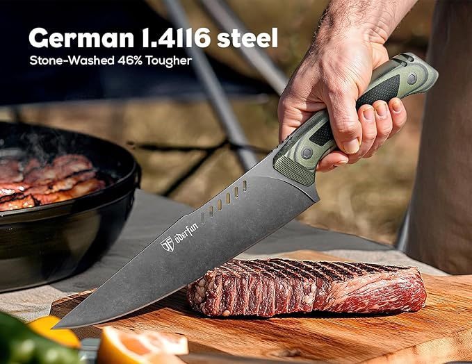 8 Inch Professional Chef Knife with Leather Sheath, Ultra Sharp Kitchen Knife with G10 Handle,Full Tang, Gyuto Style for Home Cooking and Outdoor BBQ, Knives for Men Him Husband