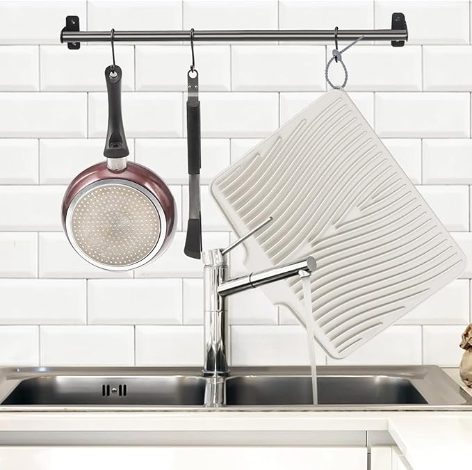 TIKNIK Silicone Dish Drying Mat, Stone Drying Mat for Kitchen Counter with Built-In Drain, Non-Slip Drain Pad with Built-in Drain, Heat Resistant Stone Drying Mat, Hangable, Cream-1pcs, 16" x 12" - Image 5