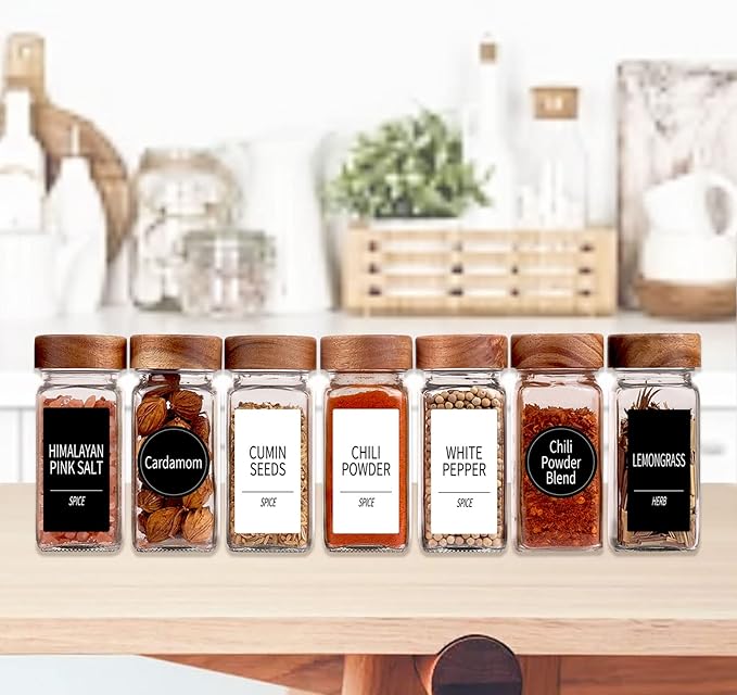 Churboro 48 Spice Jars with 547 Labels and Shaker Lids - Glass - 4 Oz Square Containers with Acacia Wood Lids, Chalk Pen, Funnel Seasoning Jars for Spice Rack, Cabinet, or Drawer - Image 3