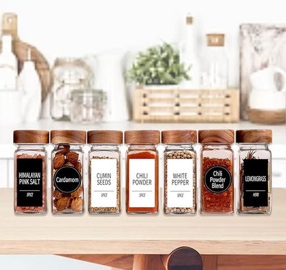 Churboro 48 Spice Jars with 547 Labels and Shaker Lids - Glass - 4 Oz Square Containers with Acacia Wood Lids, Chalk Pen, Funnel Seasoning Jars for Spice Rack, Cabinet, or Drawer - Image 3