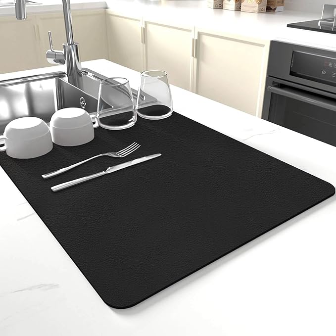 Dish Drying Mat for Kitchen Counter,Drying Mat for Dish Rack,Absorbent Hide Stain Rubber Mat,Coffee Mat, Kitchen Counter Mat (Black, 12"x19") by JuSiyley
