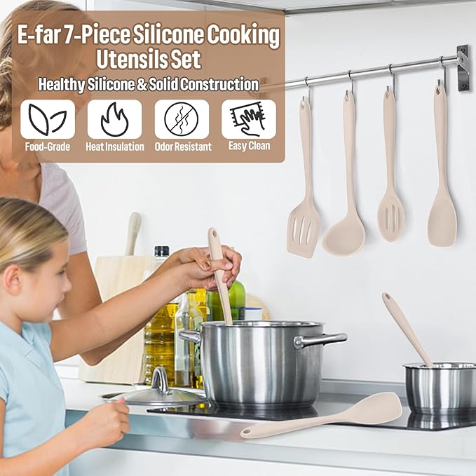E-far Silicone Cooking Utensils Set, 7-Piece Khaki Heat Resistant Kitchen Utensils Set, Kitchen Nonstick Tools Spatula Ladle Spoon Pasta Server for Non-stick Cookware, Non-Toxic & Dishwasher safe - Image 7