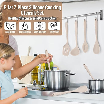 E-far Silicone Cooking Utensils Set, 7-Piece Khaki Heat Resistant Kitchen Utensils Set, Kitchen Nonstick Tools Spatula Ladle Spoon Pasta Server for Non-stick Cookware, Non-Toxic & Dishwasher safe - Image 7