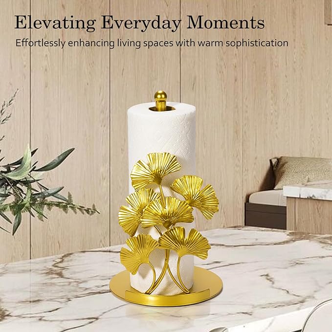 Vintage Gold Ginkgo Paper Towel Holder Countertop - Gold Kitchen Decor and Accessories, Luxury Housewarming Gifts for Women, 3D Ornate Leaf Textured, Retro Design Home Decor, Weighted Base & Felt Pad - Image 7