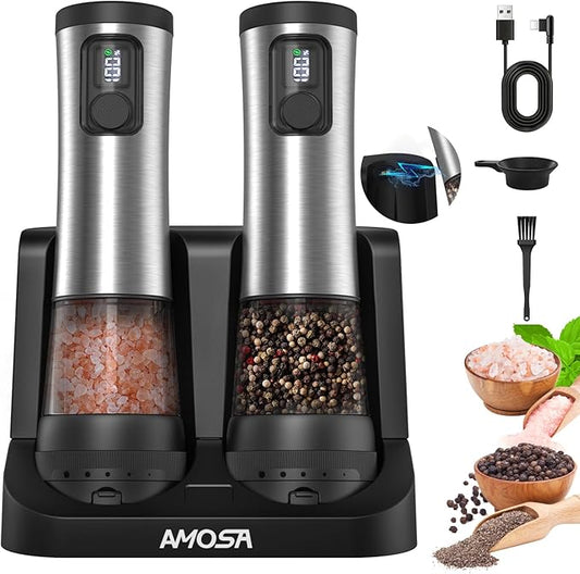 Electric Salt and Pepper Grinder Set, Upgraded 2-Speed Setting, External 5 Adjustable Coarseness, Battery Display Rechargeable Base, Stainless Steel Automatic Salt & Pepper Shakers Mill with LED Light by AMOSA