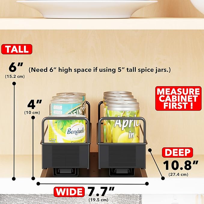 SpaceAid Pull Out Spice Rack Organizer for Cabinet, Heavy Duty Slide Out Seasoning Kitchen Organizer, Cabinet Organizer, with Labels, 7.7" W x10.8 D x4 H, 2 Drawers 1-Tier - Image 2