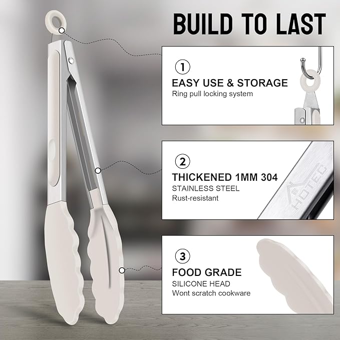 HOTEC Premium Stainless Steel Locking Kitchen Tongs with Silicon Tips, Set of 2-9" and 12",Khaki - Image 3