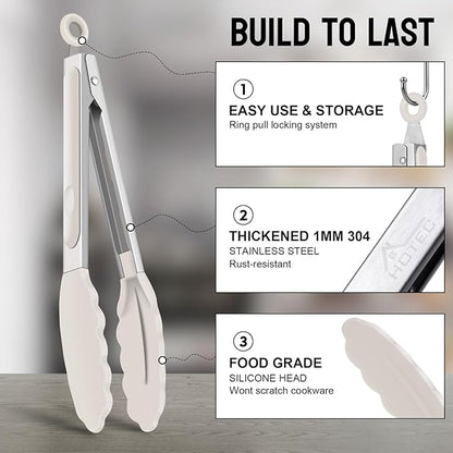 HOTEC Premium Stainless Steel Locking Kitchen Tongs with Silicon Tips, Set of 2-9" and 12",Khaki - Image 3