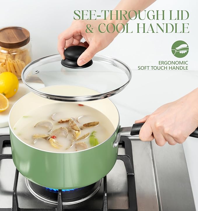 MICHELANGELO Nonstick Sauce Pan with Lid, Ceramic Saucepan Set, Non Toxic Small Saucepans Sets with Stay-Cool Handle, Induction Pots For Cooking, PTFE & PFOA Free - 1Qt & 2Qt & 3Qt, Green - Image 4
