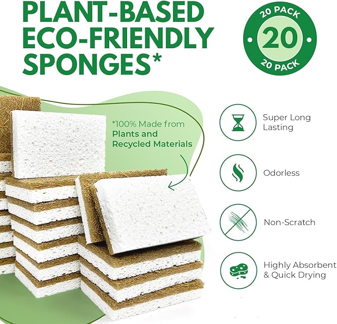 AIRNEX Natural Kitchen Sponges Pack of 20 - Biodegradable Cellulose and Coconut Husk Walnut Scrubbers - Odor Free Non Scratch - Eco Friendly Quick Drying Dishwashing Sponges - Image 2