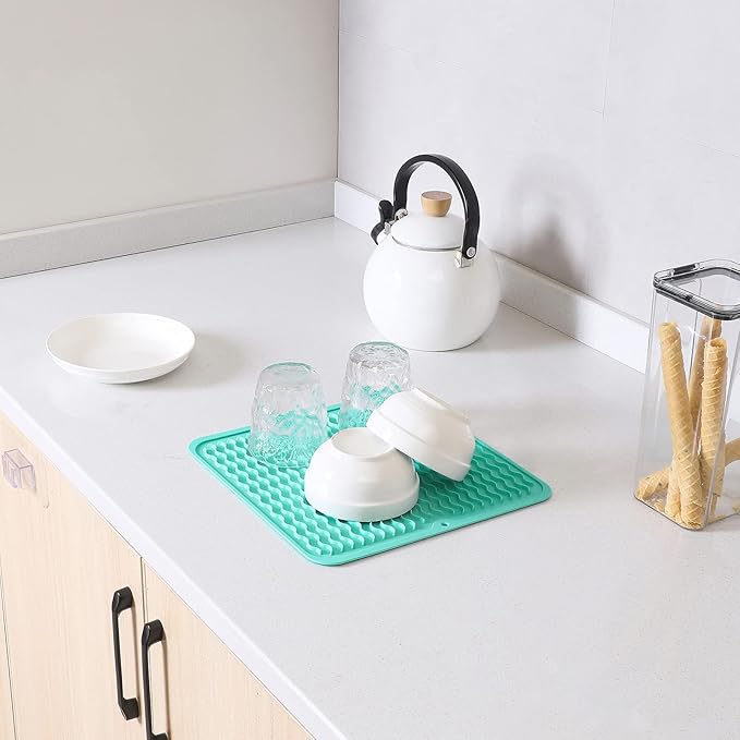 MicoYang Silicone Dish Drying Mat for Multiple Usage,Easy clean,Eco-friendly,Heat-resistant Silicone Mat for Kitchen Counter or Sink,Refrigerator or Drawer liner Mint M 12 inches x 12 inches - Image 6