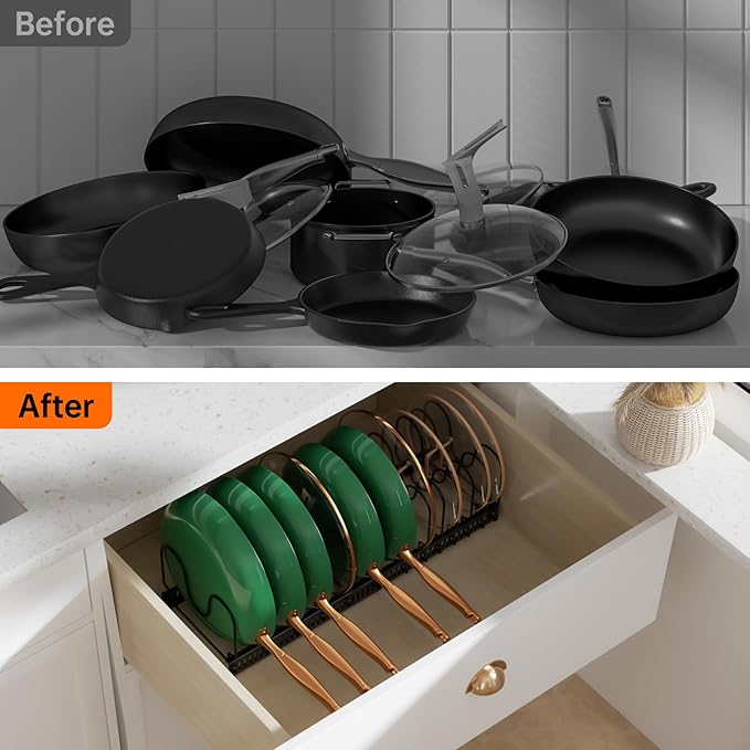 MUDEELA Pots and Pans Organizer Rack for under Cabinet, Expandable Pot Lid Kitchen Cabinet Organizer Holder with 14 Adjustable Compartment Cutting Board Organizer for Pan Lid, Bakeware - Image 6