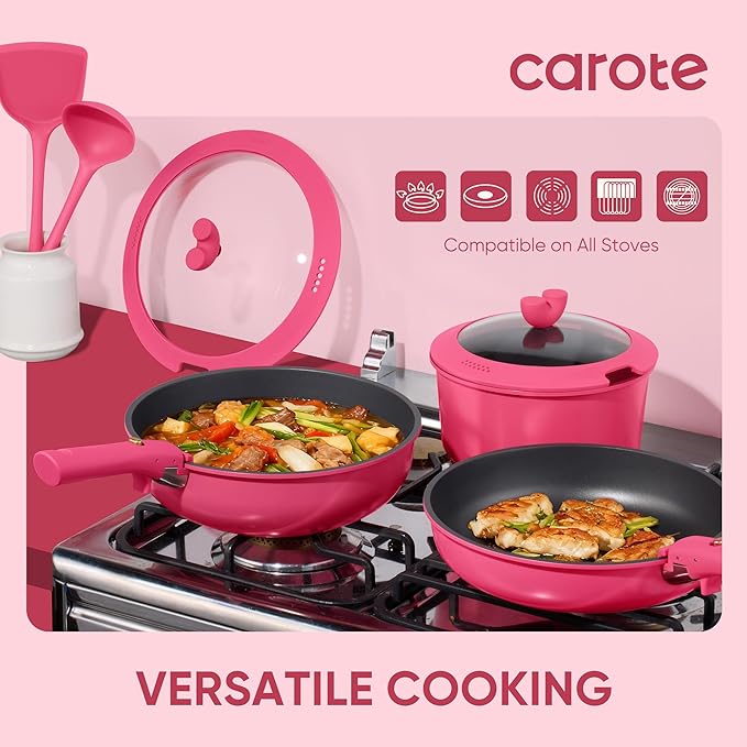 CAROTE 15pcs Pots and Pans Set Non Stick, Cookware Set Non Toxic with Detachable Handle, Induction Kitchen Cooking Set, Dishwasher/Oven Safe, RV/Camping Cookware - Image 5