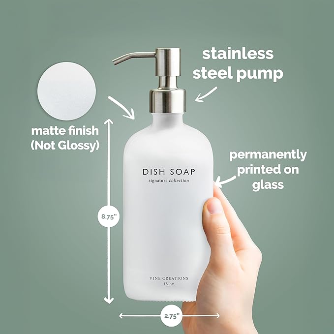Vine Creations White Glass Soap Dispenser Set, Dish Soap and Hand Soap Dispenser Set with Stainless Steel Pump, 16 oz Glass Dispensers for Kitchen or Bathroom Decor (Matte White Bottle/Silver) - Image 5