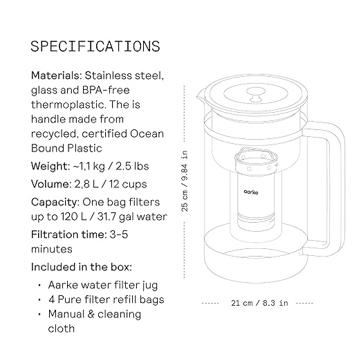 Aarke Purifier Large Glass Pitcher Bundle w/Steel Filter, BPA-Free, 4 Pure Refill Granules - Filters Heavy Metals, 2.8L Pitcher with 1.66L Filtration Capacity - Image 8