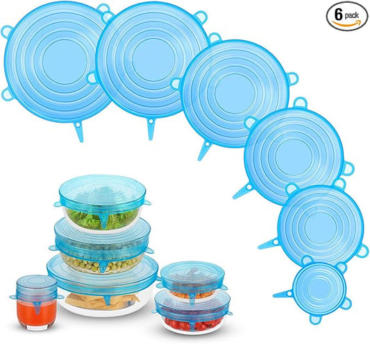 Silicone Stretch Lids, Zero Waste Reusable Silicon Container Lid Covers for Leftover Food Fruit Bowls Pots Cups Jars Dishes (6PCS, Blue)