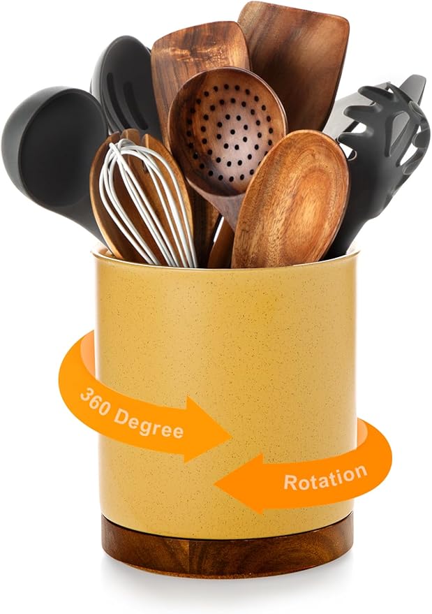 Nucookery 360°Rotating Utensil Holder, 7.2" Large Utensil Crock, White Ceramic Cooking Utensil Organizer,Farmhouse Kitchen Decor Christmas Thanksgiving Gift (Yellow Sand) by Nucookery